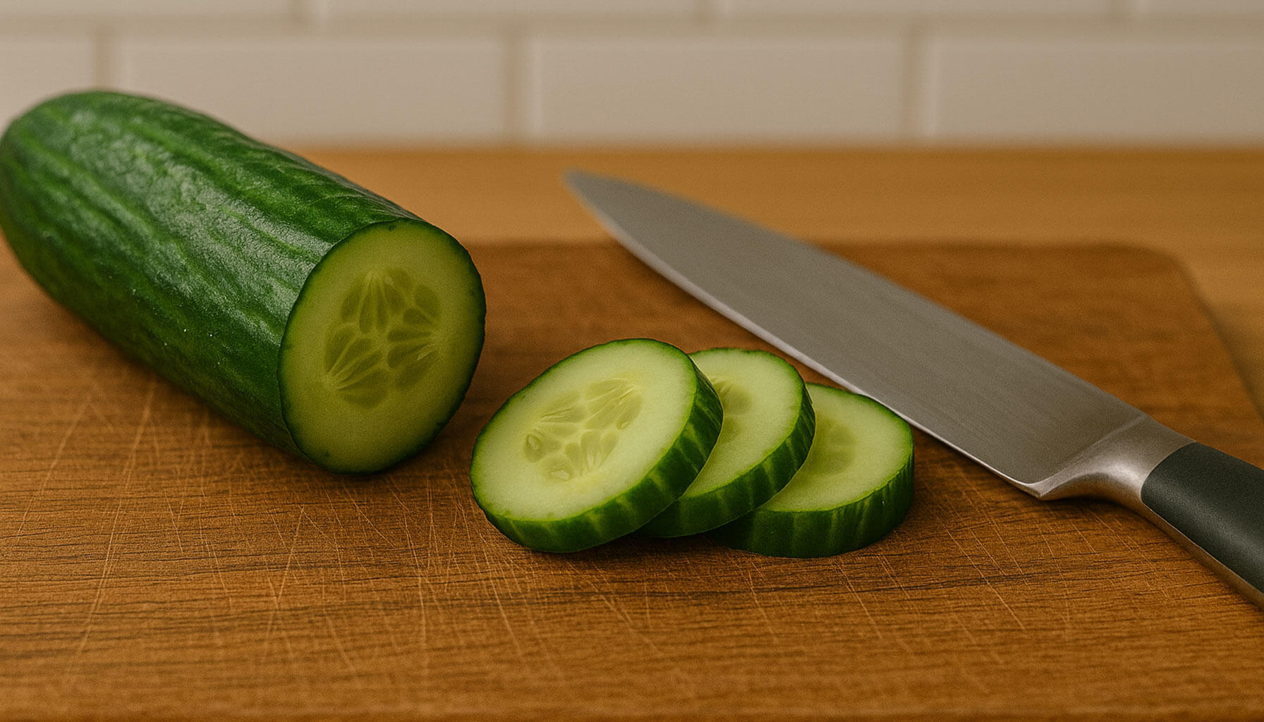 Cutting cuecumber on a chopping board