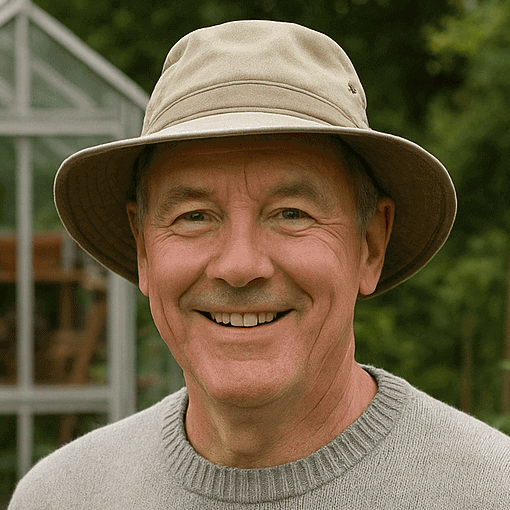 Geog Allerton in his garden holding vegetables