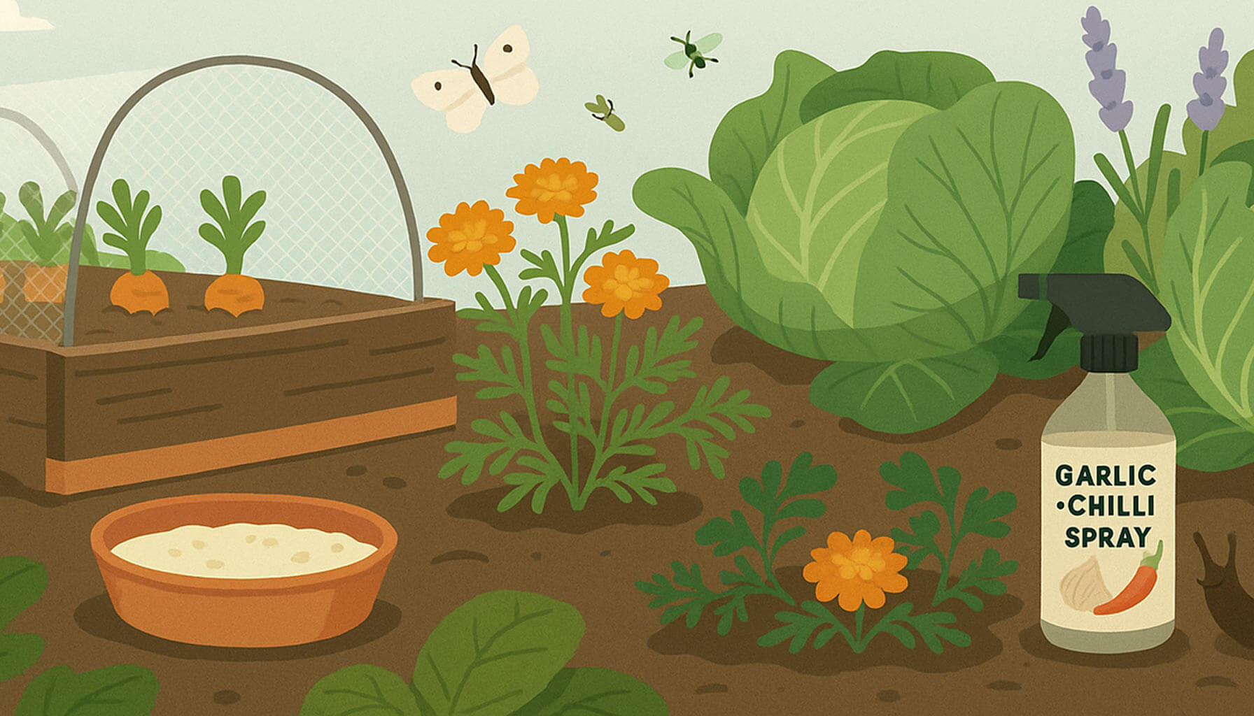 Illustration of bugs flying around vegetables in a garden